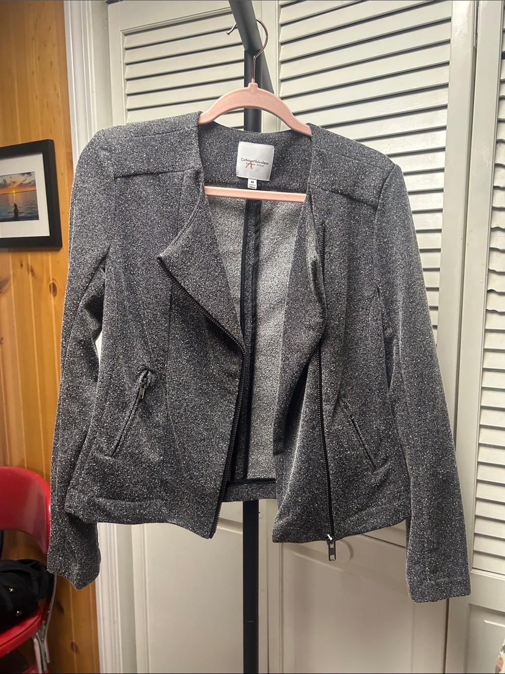 Catherine Malandrino Silver Sparkle Asymmetrical Bomber Jacket - Picture 6 of 7